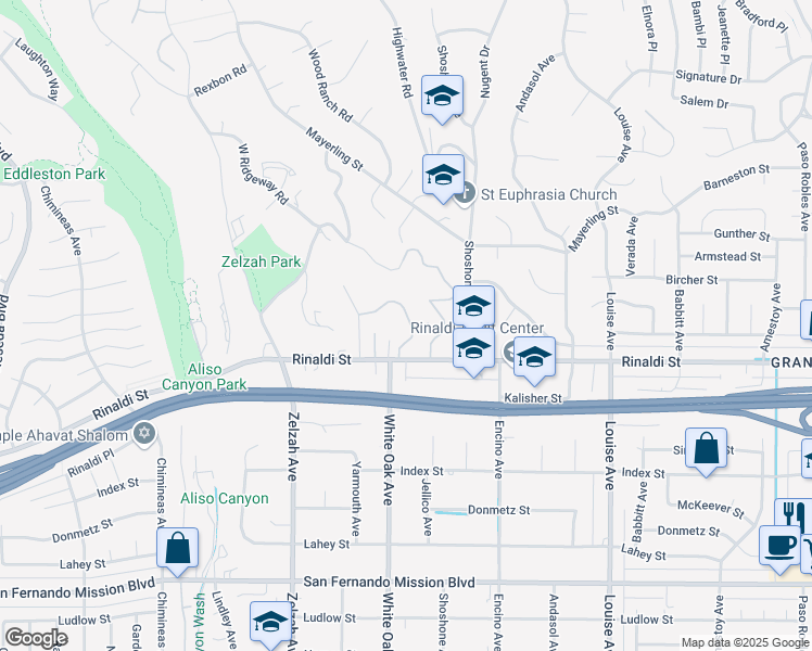 map of restaurants, bars, coffee shops, grocery stores, and more near 11551 Rancho Del Valle in Los Angeles