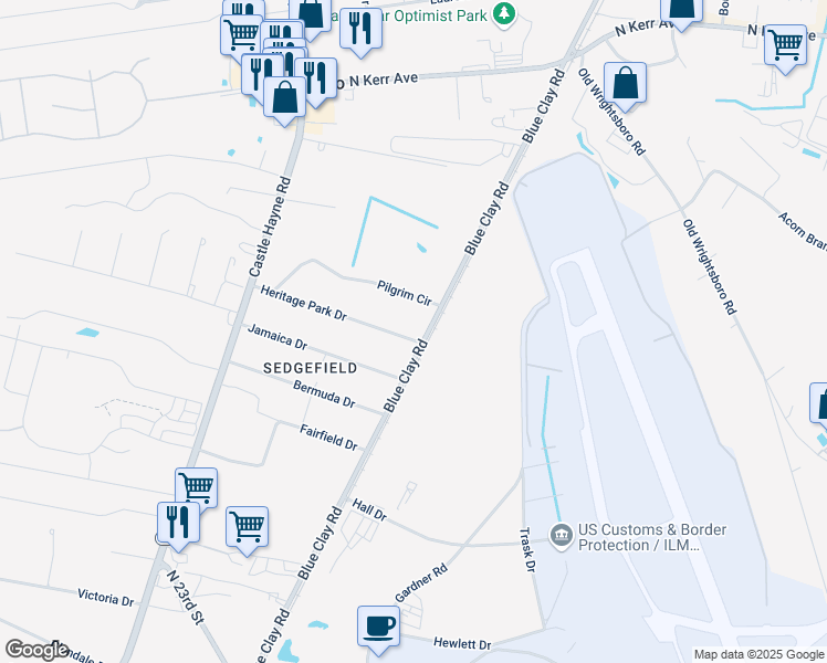 map of restaurants, bars, coffee shops, grocery stores, and more near 237 Heritage Park Drive in Wilmington