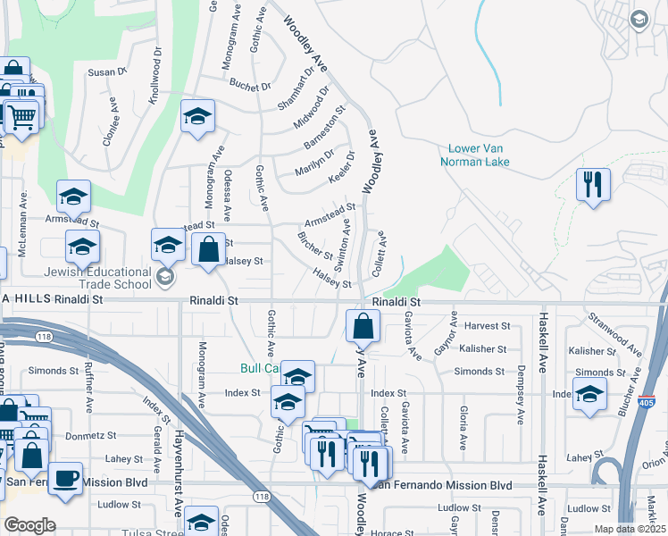 map of restaurants, bars, coffee shops, grocery stores, and more near 16250 Bircher Street in Los Angeles
