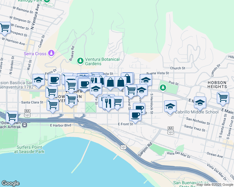 map of restaurants, bars, coffee shops, grocery stores, and more near 896 East Main Street in Ventura