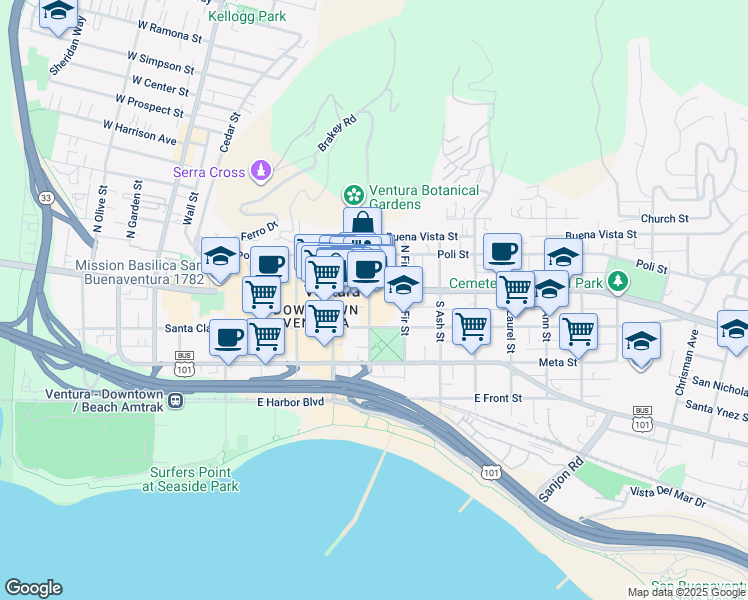 map of restaurants, bars, coffee shops, grocery stores, and more near 26 South Chestnut Street in Ventura