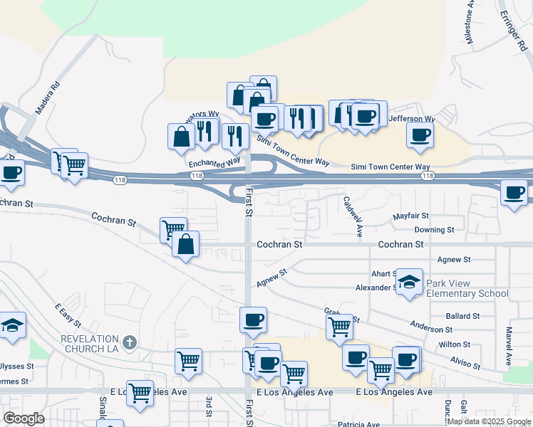 map of restaurants, bars, coffee shops, grocery stores, and more near 1142 Tivoli Lane in Simi Valley