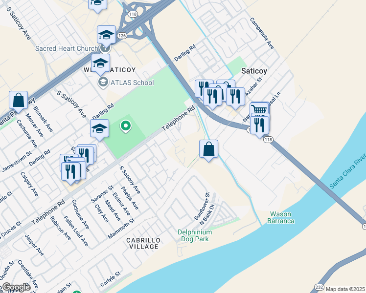 map of restaurants, bars, coffee shops, grocery stores, and more near 10814 Telephone Road in Ventura