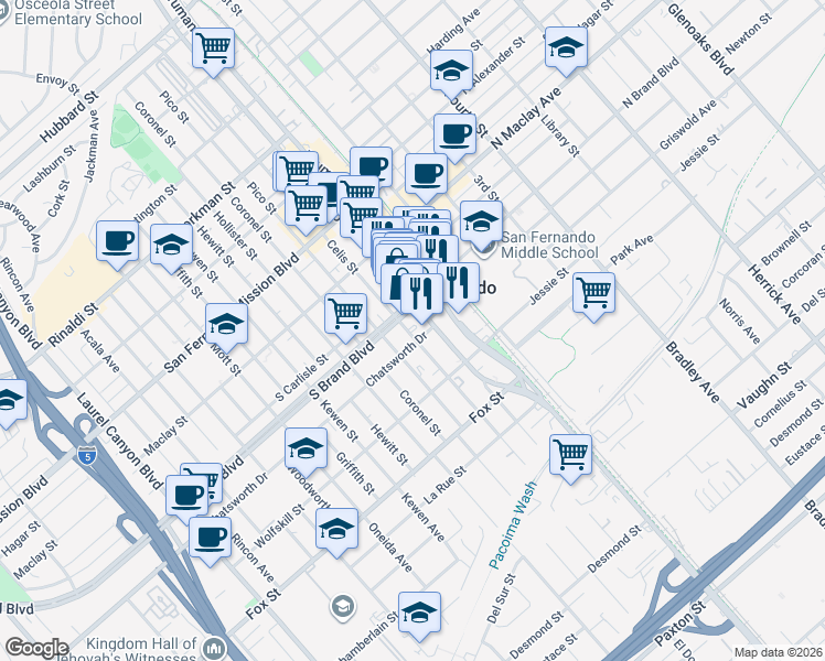 map of restaurants, bars, coffee shops, grocery stores, and more near 820 San Fernando Road in San Fernando