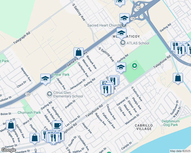 map of restaurants, bars, coffee shops, grocery stores, and more near 10265 Darling Road in Ventura