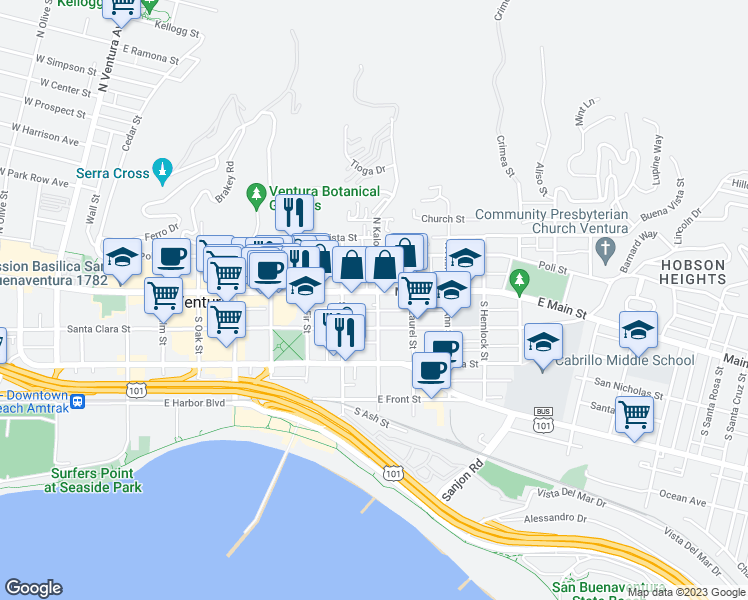 map of restaurants, bars, coffee shops, grocery stores, and more near 896 East Main Street in Ventura