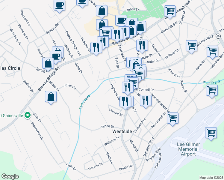 map of restaurants, bars, coffee shops, grocery stores, and more near 405 West Highland Drive in Gainesville