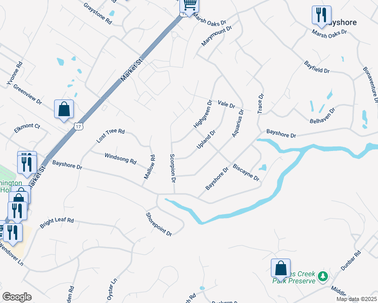 map of restaurants, bars, coffee shops, grocery stores, and more near 417 Upland Drive in Wilmington