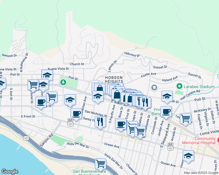 map of restaurants, bars, coffee shops, grocery stores, and more near 124 Live Oak Drive in Ventura