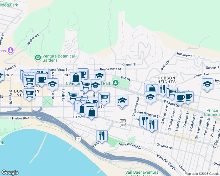 map of restaurants, bars, coffee shops, grocery stores, and more near 1256 Main Street in Ventura