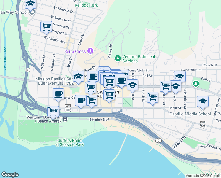 map of restaurants, bars, coffee shops, grocery stores, and more near in Ventura