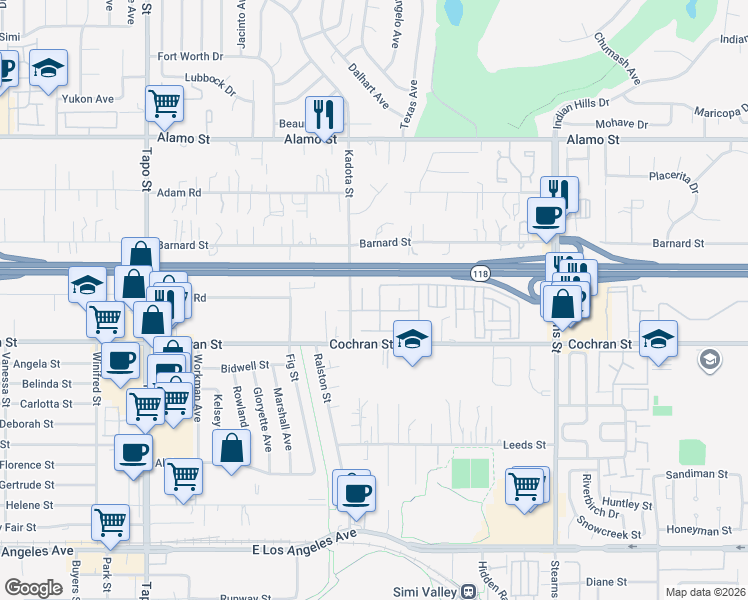 map of restaurants, bars, coffee shops, grocery stores, and more near 2529 Pathway Avenue in Simi Valley