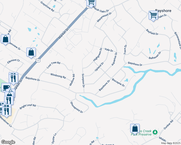 map of restaurants, bars, coffee shops, grocery stores, and more near 417 Upland Drive in Wilmington
