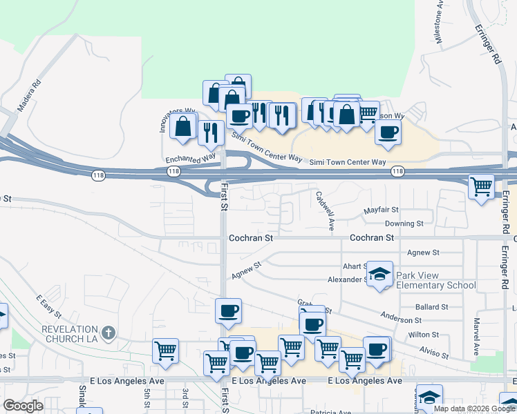 map of restaurants, bars, coffee shops, grocery stores, and more near 1182 Tivoli Lane in Simi Valley