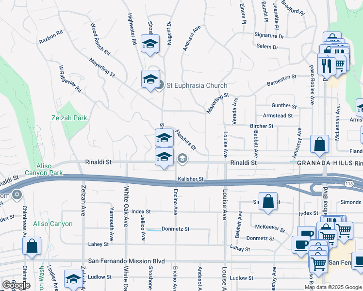 map of restaurants, bars, coffee shops, grocery stores, and more near 11542 Encino Avenue in Los Angeles