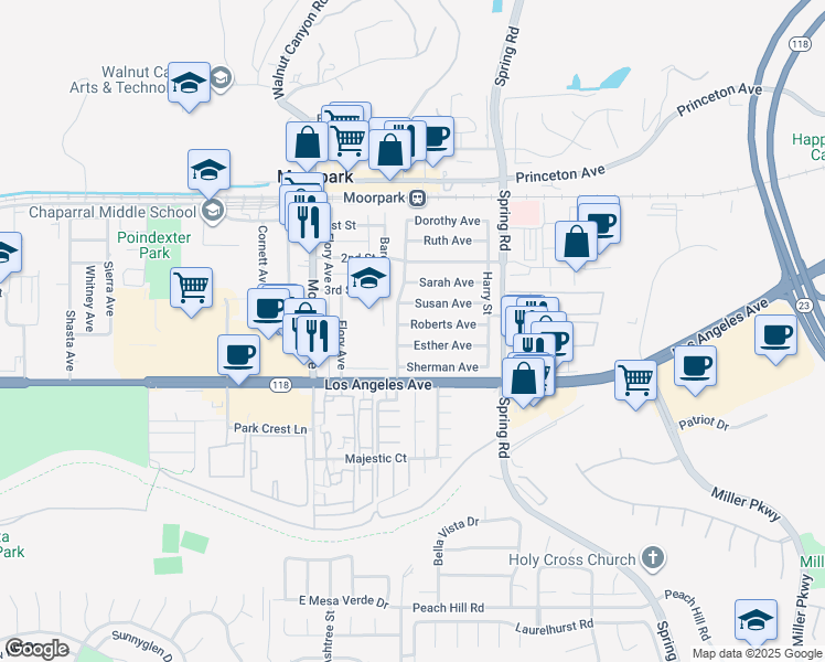 map of restaurants, bars, coffee shops, grocery stores, and more near 277 Roberts Avenue in Moorpark