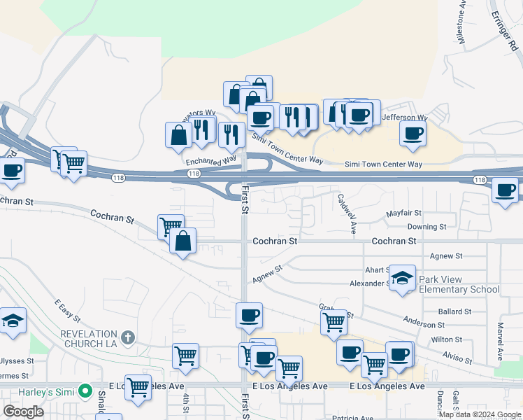 map of restaurants, bars, coffee shops, grocery stores, and more near 1142 Tivoli Lane in Simi Valley