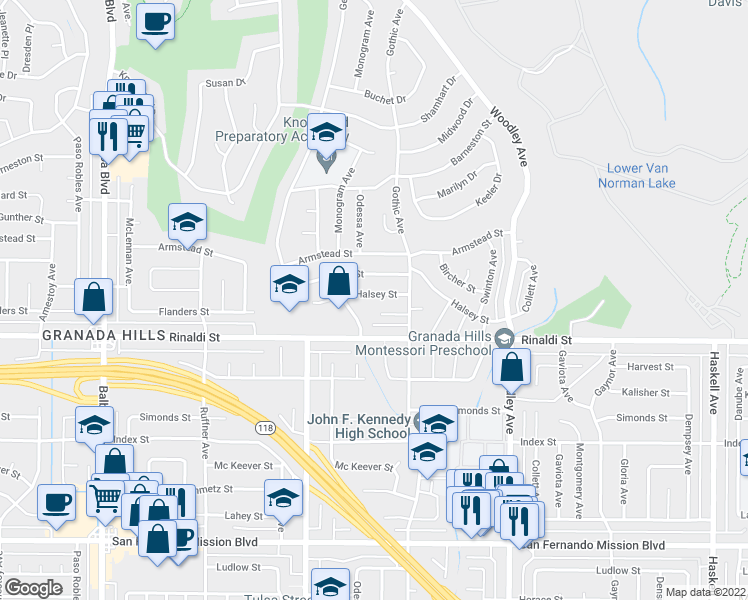map of restaurants, bars, coffee shops, grocery stores, and more near 16442 Halsey Street in Los Angeles