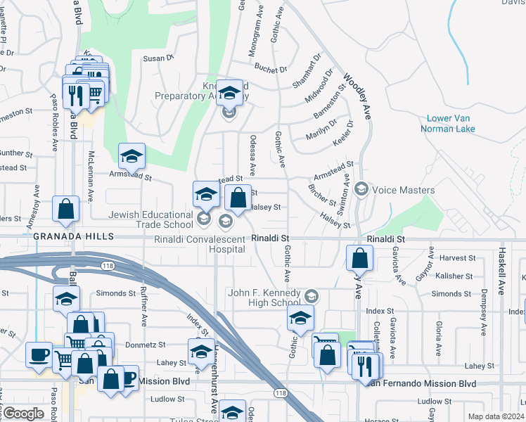 map of restaurants, bars, coffee shops, grocery stores, and more near 16442 Halsey Street in Los Angeles