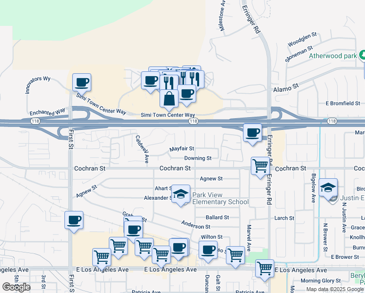 map of restaurants, bars, coffee shops, grocery stores, and more near 2505 Winthrop Court in Simi Valley