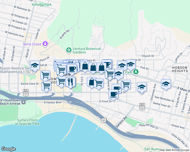 map of restaurants, bars, coffee shops, grocery stores, and more near 879 East Main Street in Ventura