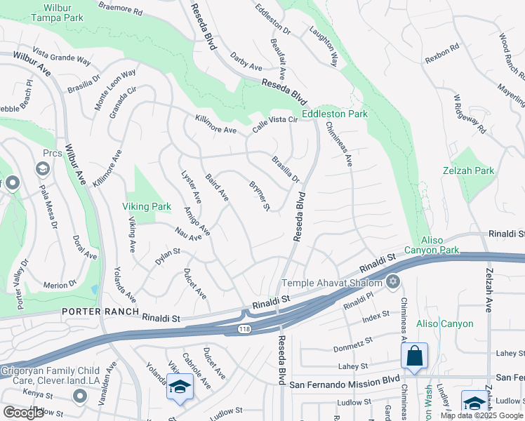 map of restaurants, bars, coffee shops, grocery stores, and more near 18554 Brymer Street in Los Angeles