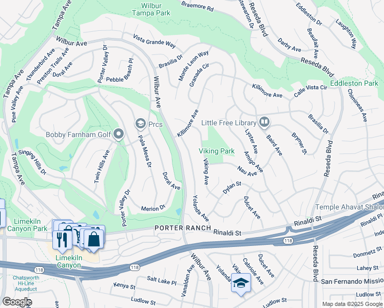 map of restaurants, bars, coffee shops, grocery stores, and more near 11510 Yolanda Avenue in Los Angeles