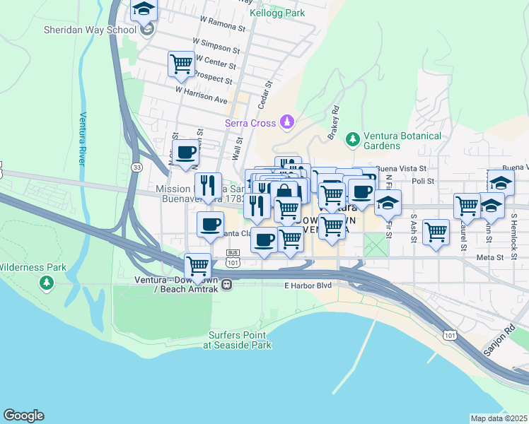 map of restaurants, bars, coffee shops, grocery stores, and more near 211 East Main Street in Ventura