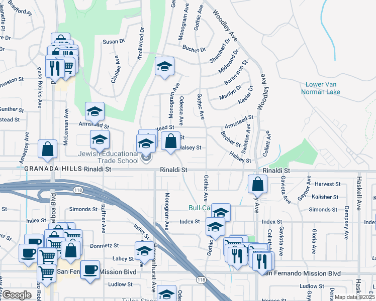 map of restaurants, bars, coffee shops, grocery stores, and more near 16451 Halsey Street in Los Angeles