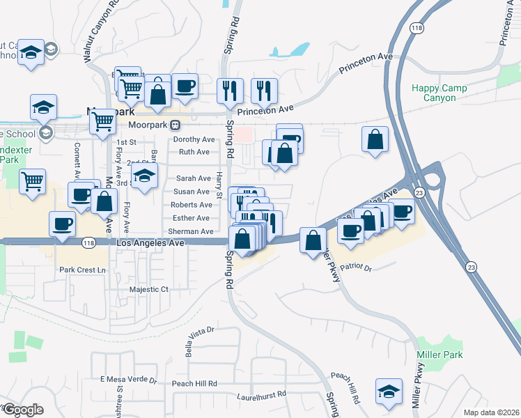 map of restaurants, bars, coffee shops, grocery stores, and more near 600 Spring Road in Moorpark