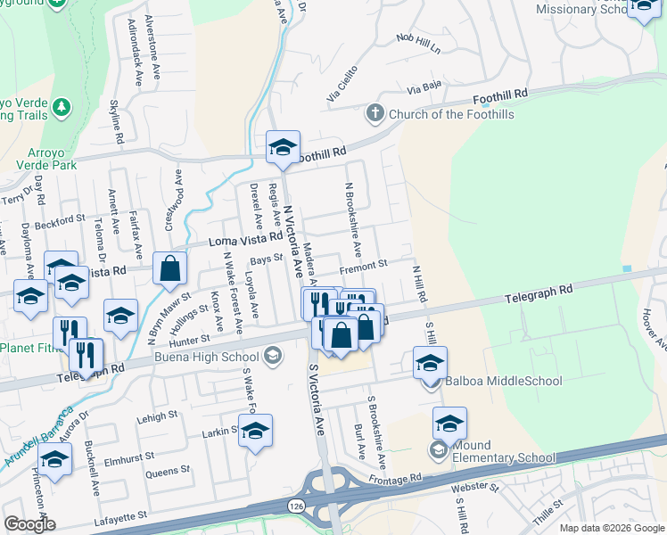 map of restaurants, bars, coffee shops, grocery stores, and more near 6073 Fremont Street in Ventura