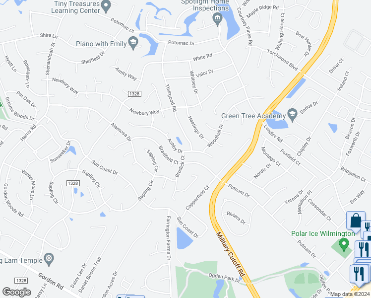 map of restaurants, bars, coffee shops, grocery stores, and more near 2701 Ashby Drive in Wilmington