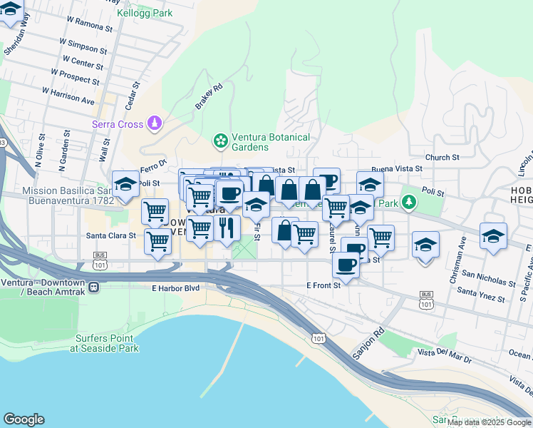 map of restaurants, bars, coffee shops, grocery stores, and more near 738 East Main Street in Ventura