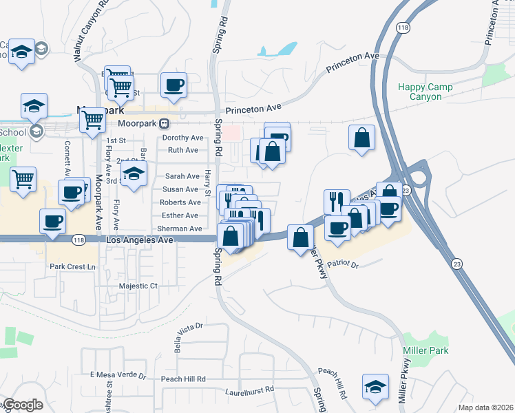 map of restaurants, bars, coffee shops, grocery stores, and more near 600 Spring Road in Moorpark