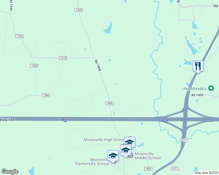 map of restaurants, bars, coffee shops, grocery stores, and more near 798-884 County Road 1409 in Mooreville