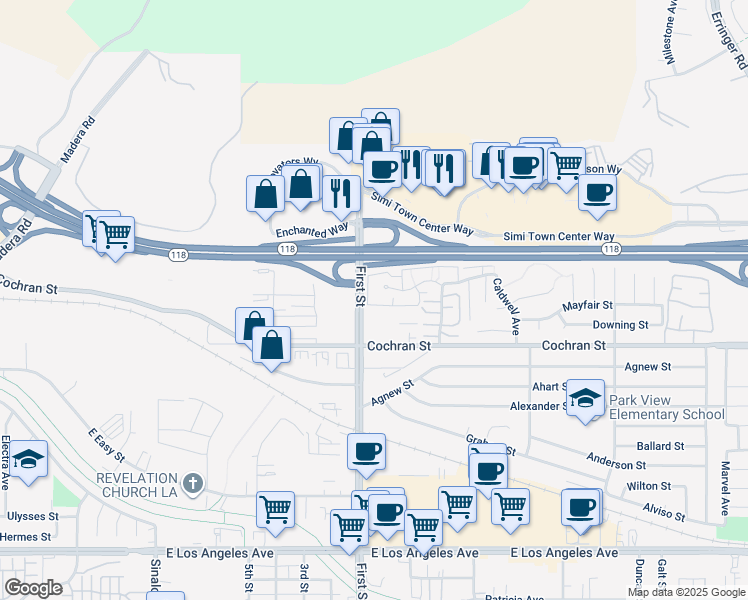 map of restaurants, bars, coffee shops, grocery stores, and more near 1158 Tivoli Lane in Simi Valley