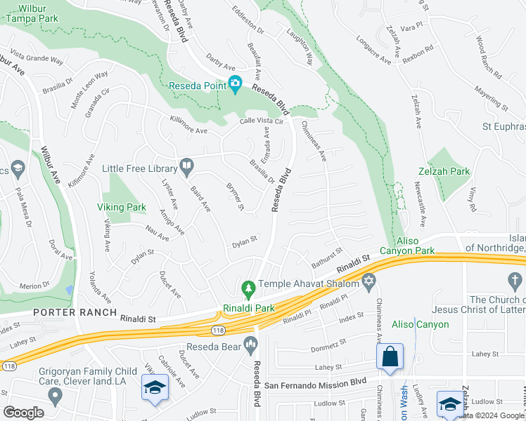 map of restaurants, bars, coffee shops, grocery stores, and more near 18536 Brymer Street in Los Angeles