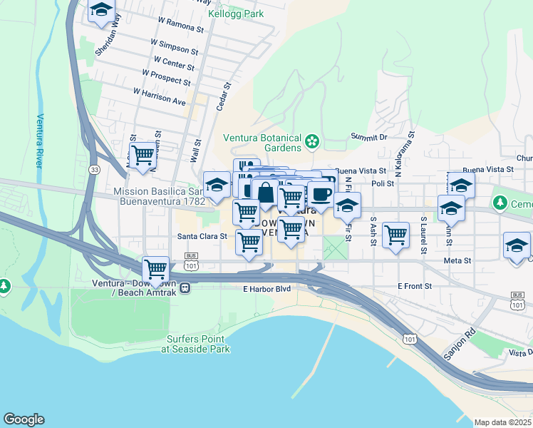 map of restaurants, bars, coffee shops, grocery stores, and more near 20 North Oak Street in Ventura