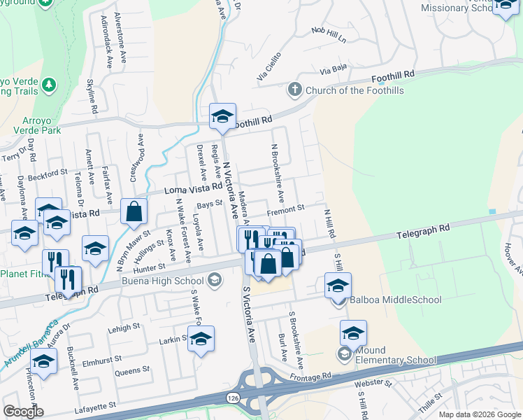 map of restaurants, bars, coffee shops, grocery stores, and more near 6073 Fremont Street in Ventura