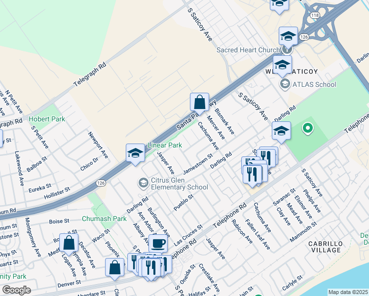 map of restaurants, bars, coffee shops, grocery stores, and more near 10041 Norwalk Street in Ventura