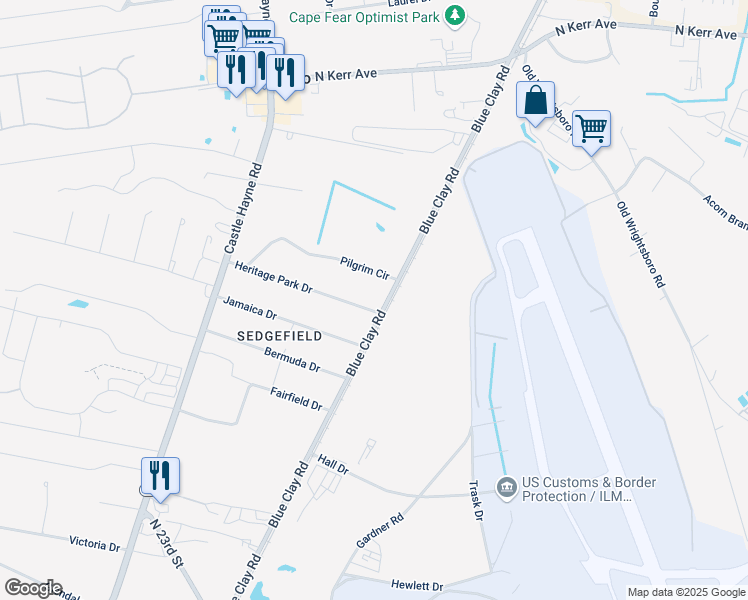 map of restaurants, bars, coffee shops, grocery stores, and more near 237 Heritage Park Drive in Wilmington