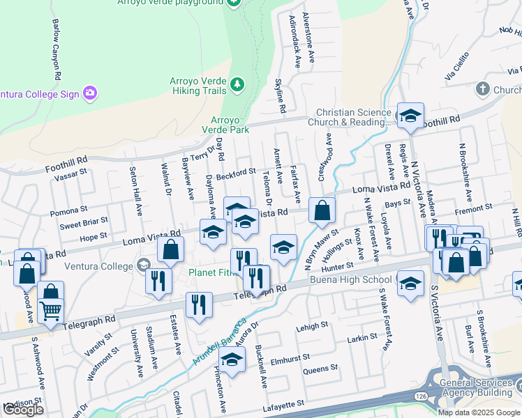 map of restaurants, bars, coffee shops, grocery stores, and more near 222 Teloma Drive in Ventura