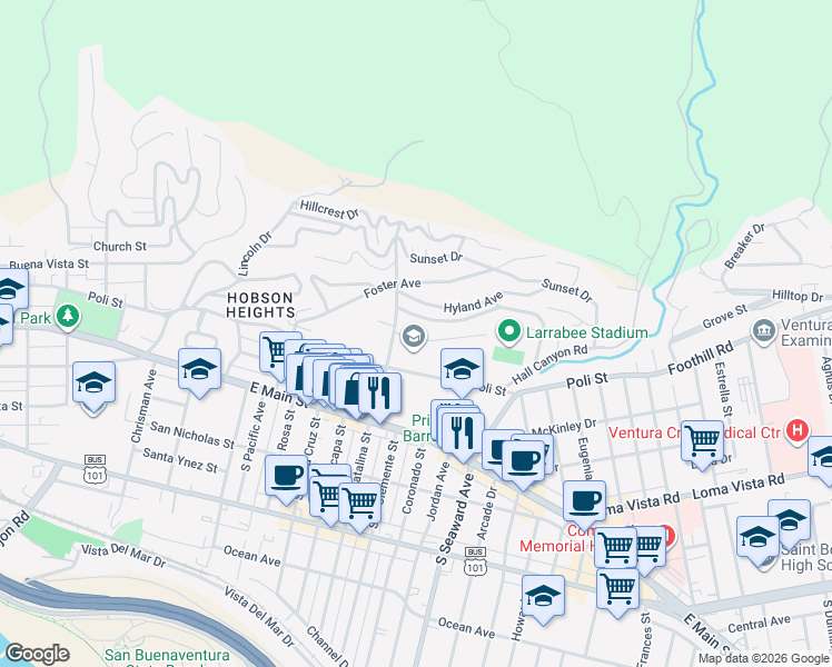 map of restaurants, bars, coffee shops, grocery stores, and more near 2141 El Jardin Avenue in Ventura