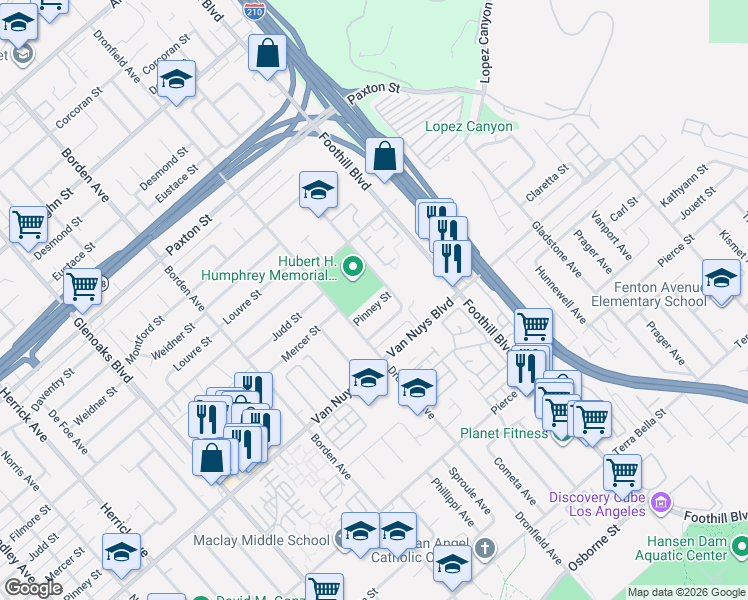 map of restaurants, bars, coffee shops, grocery stores, and more near 12501 Pinney Street in Los Angeles