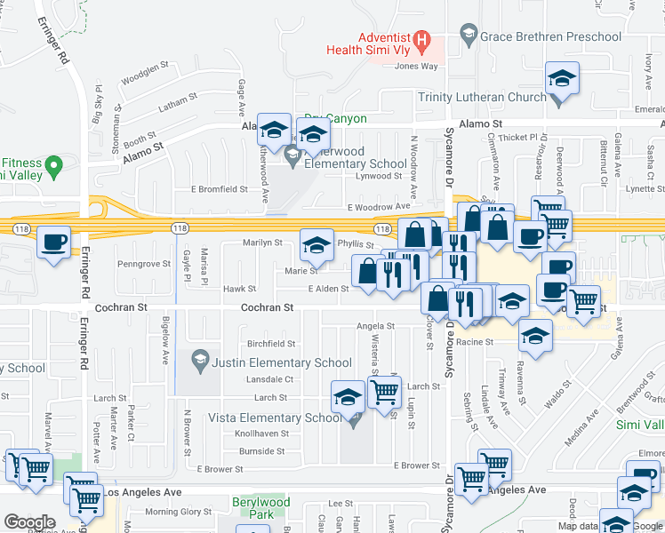 map of restaurants, bars, coffee shops, grocery stores, and more near 2506 North Phyllis Street in Simi Valley