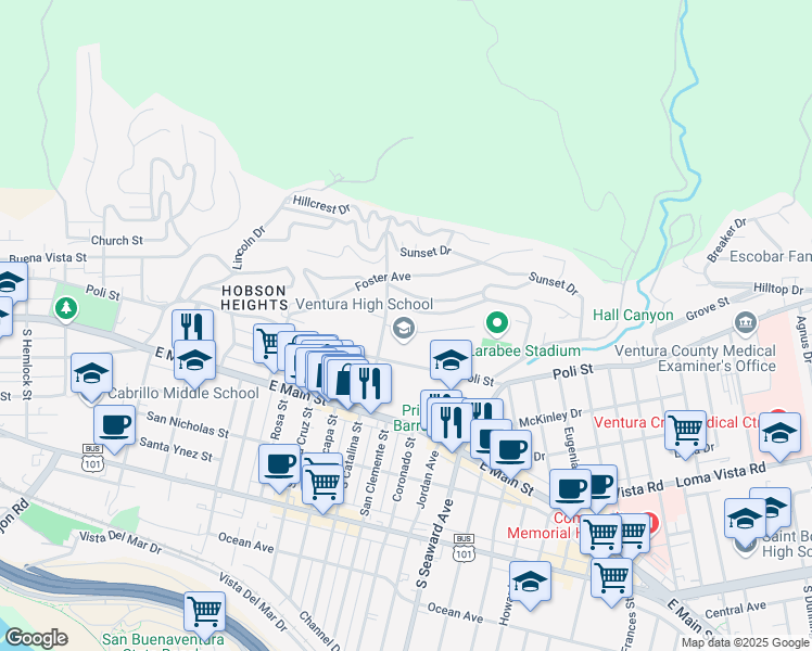 map of restaurants, bars, coffee shops, grocery stores, and more near 2141 El Jardin Avenue in Ventura