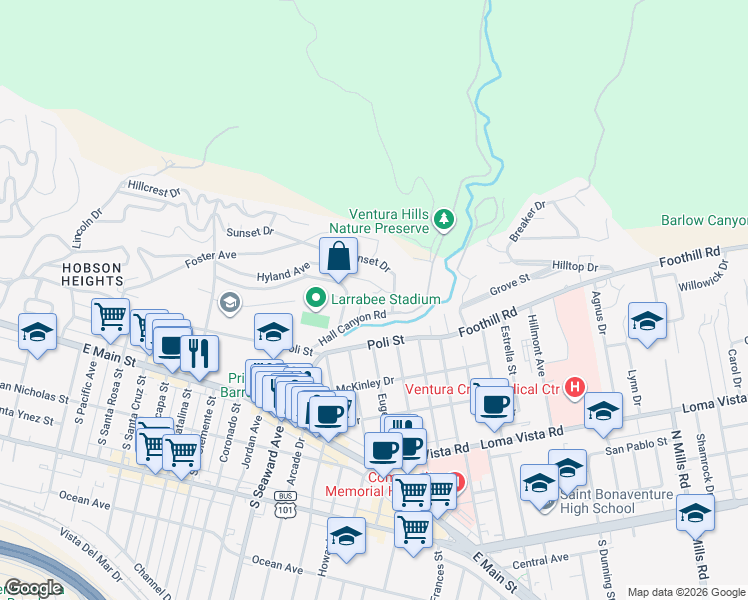 map of restaurants, bars, coffee shops, grocery stores, and more near 2474 Fernwood Drive in Ventura