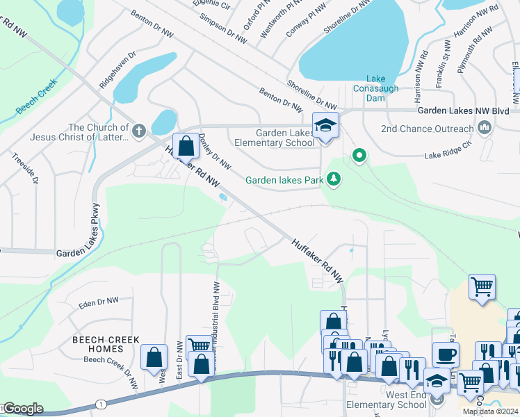 map of restaurants, bars, coffee shops, grocery stores, and more near 210 Huffaker Road Northwest in Rome