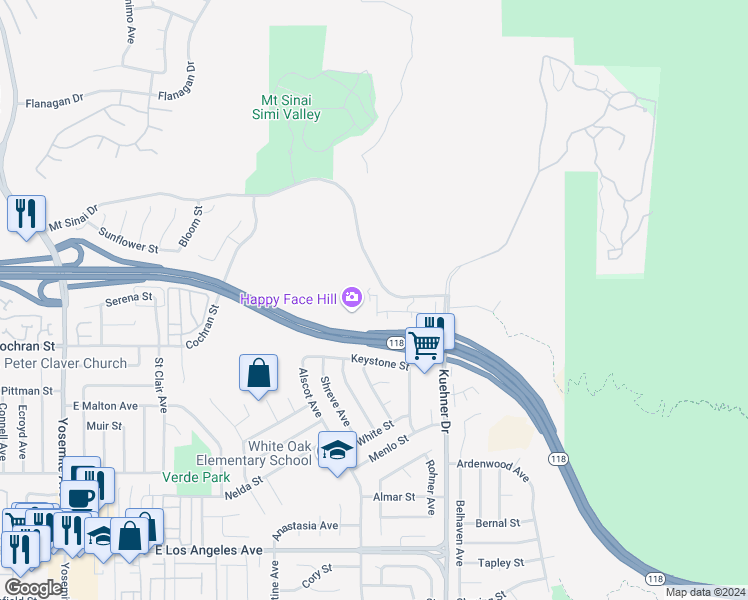 map of restaurants, bars, coffee shops, grocery stores, and more near 2491 Blossom Ridge Court in Simi Valley