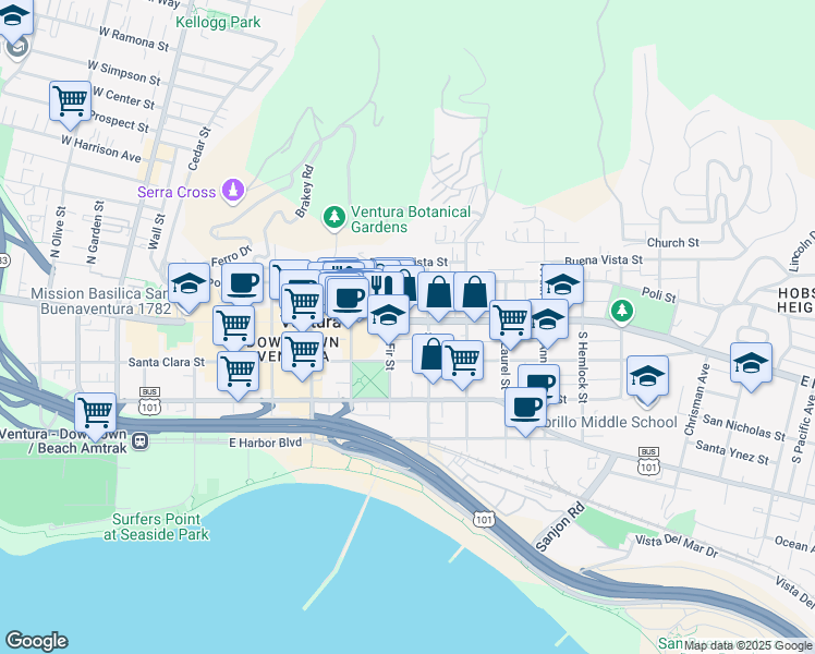 map of restaurants, bars, coffee shops, grocery stores, and more near 757 East Main Street in Ventura